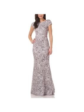 JS Collections Embroidered Lace Short Sleeve Trumpet Gown Dusty Lavender Size 2